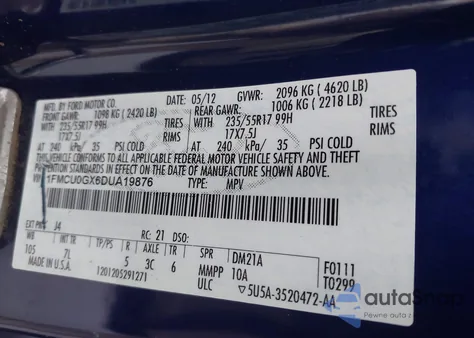 2013 Ford Escape Se z USA, uszkodzony, nr VIN 1FMCU0GX6DUA19876